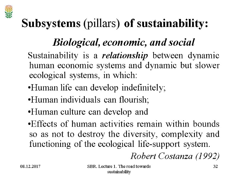 08.12.2017 SBR. Lecture 1. The road towards sustainability 32 Subsystems (pillars) of sustainability: Biological,